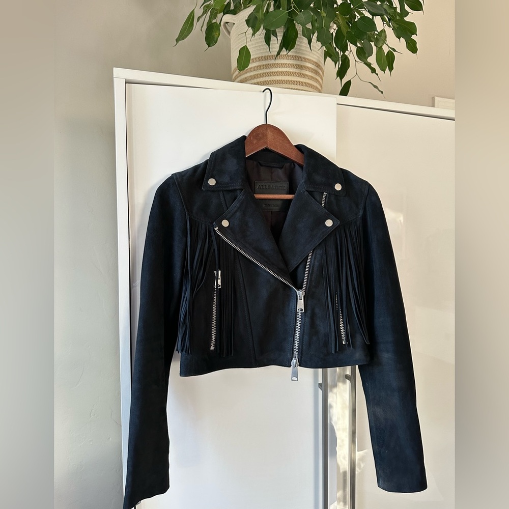 ALLSAINTS Black Suede Leather FRINGE Cropped Biker MOTO JACKET 4 NEW SOLD OUT!!